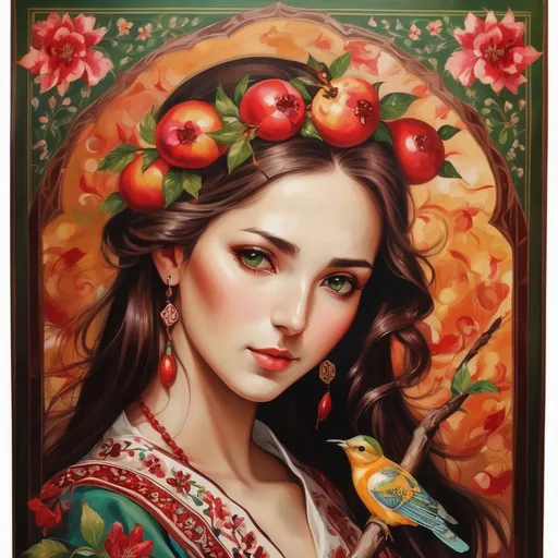 Prompt: A colorful design in the dimensions of 140x140 centimeters, its main theme is white and red, there are pomegranates and cherry blossoms in it, and some green leaves and branches and traditional Iranian designs are used, and there are small birds in it.