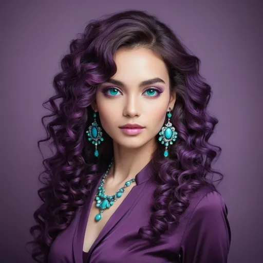 Prompt: <mymodel>An extremely gorgeous woman,  with turquoise jewels, in color scheme of purple, long curly hair