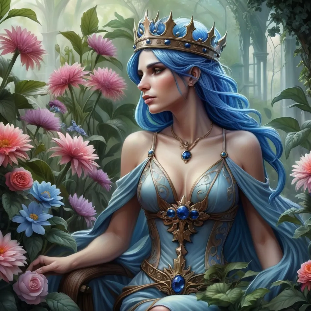 Prompt:  a woman with blue hair and a crown on her head, surrounded by flowers and plants, Anne Stokes, fantasy art, highly detailed digital painting, a detailed painting