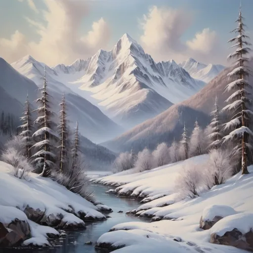 Prompt: Snowy mountain landscape, oil painting, snow-capped peaks, serene winter scene, high quality, realistic, cool tones, soft lighting, peaceful atmosphere