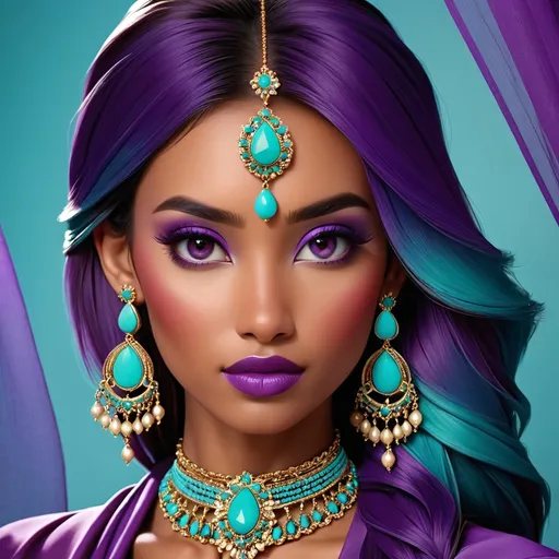Prompt: A woman in tones of purple wearing turquoise jewelry
