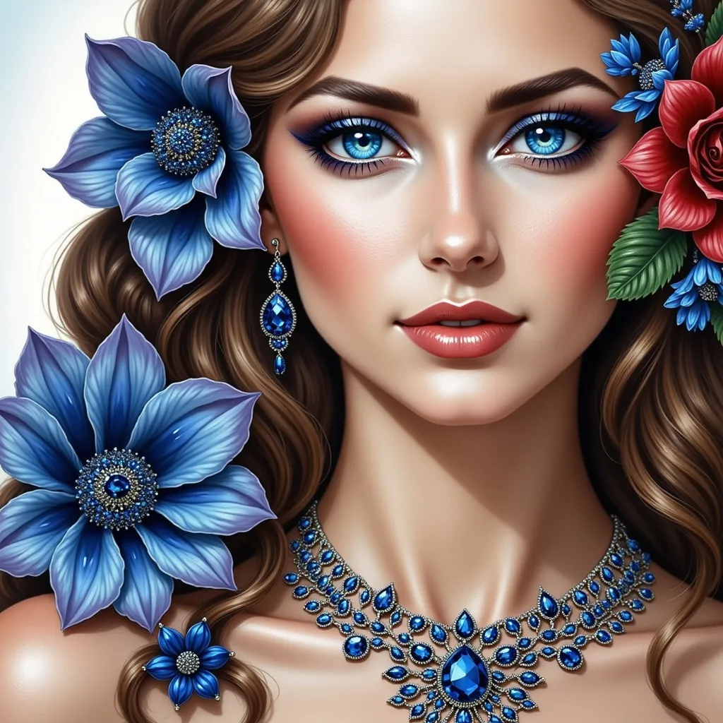 Prompt:  a woman with blue eyes and a flower in her hair and a necklace of sapphites