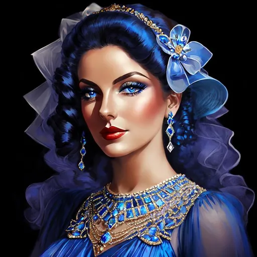 Prompt: Glamorously dressed lady of rhe 1930's wearing sapphire jewelry,blue eyes