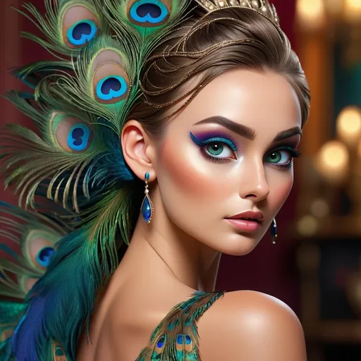 Prompt: <mymodel> Gorgeous woman with beautiful makeup and hair, peacock feathers, high-quality, detailed, realistic, elegant, vibrant colors, professional makeup, glamorous lighting, 4k resolution, portrait, detailed facial features, luxurious, exotic, peacock feathers, elegant hairstyle, stunning makeup, beauty shot