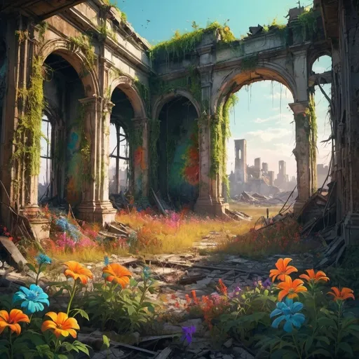 Prompt: Flowers blooming from apocalyptic ruins, vibrant and colorful, post-apocalyptic, high-quality, digital painting, detailed, overgrown foliage, vibrant colors, beautiful decay, atmospheric lighting