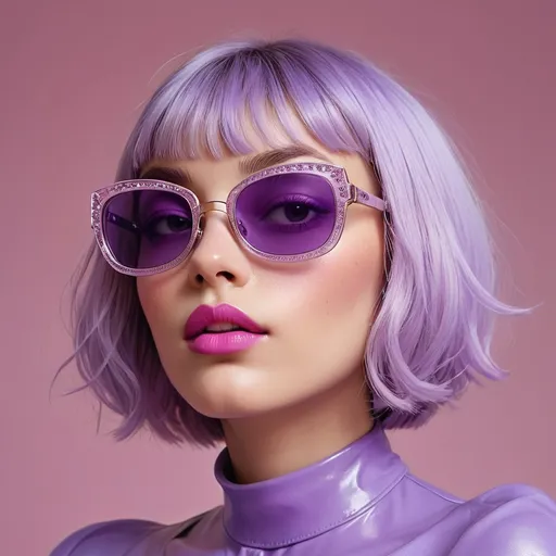 Prompt: A striking portrait captures a young woman with a chic lavender bob, complemented by oversized, jeweled purple sunglasses that add a playful flair. Her flawless complexion is enhanced by bold pink lips, which draw attention against the soft backdrop of a pastel pink gradient, accentuating the overall dreamy aesthetic. The lighting is soft and even, creating a glossy finish on her silky, metallic purple blouse, which adds to the fashion-forward mood. The composition focuses on her head and upper body, allowing her confident, serene expression to convey a sense of modern elegance and high style. This image evokes a whimsical, fashionable vibe that feels both contemporary and artistic.