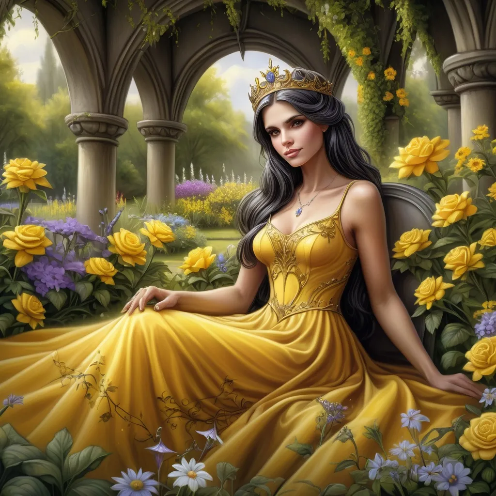 Prompt: a beautiful woman in a yellow dress sitting in a garden of flowers with a tiara on her head, Anne Stokes, fantasy art, highly detailed digital painting, a detailed painting