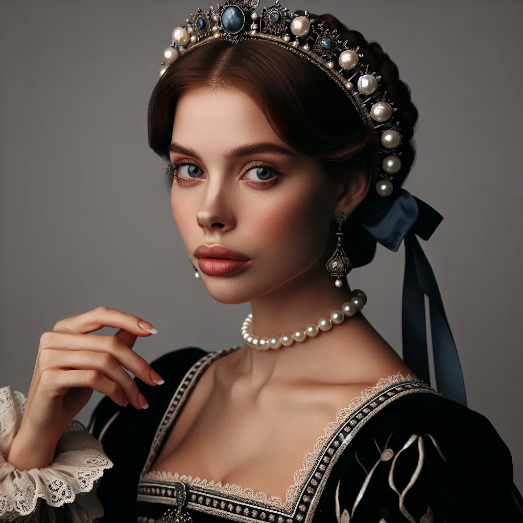 Prompt: a woman in a Tudor era dress with a tiara and pearls on her head and a blue ribbon around her neck, Anne Dunn, gothic art, promotional image, a character portrait