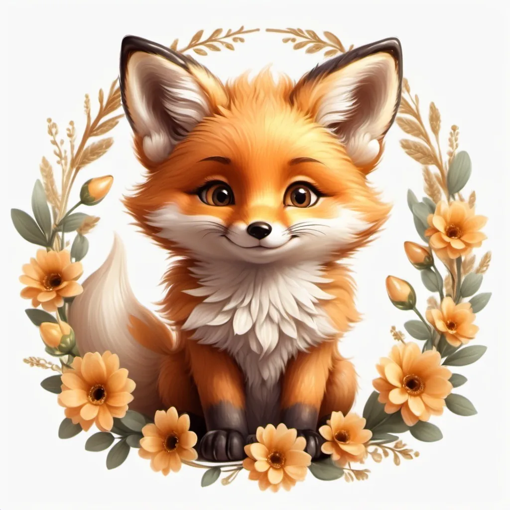 Prompt:  cute fluffy fox cub sitting with flowers on his head, small round face,cute happy face, cute cartoon, golden shining eyes, artistic visualization, hyperrealistic image, bright beautiful flower frame, high quality drawing.