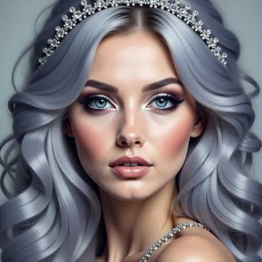 Prompt: a digital painting of a woman with blue eyes and a tiara on her head and a blue dress, Charlie Bowater, fantasy art, highly detailed digital painting, a photorealistic painting