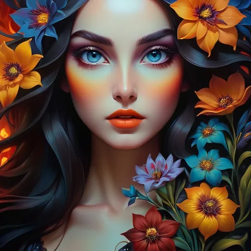 Prompt: Beautiful woman with flowers, oil painting, detailed  eyes, ethereal glow, dark and mysterious, high quality, vibrant colors, surreal, haunting, intricate floral details, intense gaze, mystical atmosphere, oil painting, demon, hybrid, fiery eyes, ethereal, vibrant colors, surreal, haunting, floral details, intense gaze, mystical atmosphere