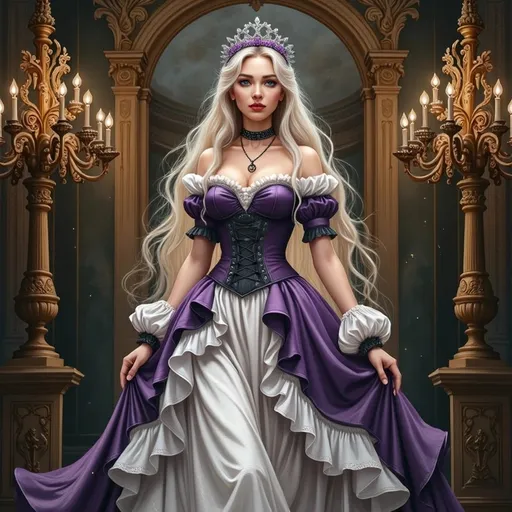 Prompt: This is a highly detailed digital artwork depicting a young woman in an elaborate, Victorian-inspired Gothic dress. She stands in an opulent, ornate hall with tall, golden columns and intricate carvings. The background features two grand chandeliers with lit candles, casting a warm, golden glow. The woman has long, wavy, platinum blonde hair cascading down her back and shoulders. Her skin is pale, with a delicate, porcelain-like texture. She has striking blue eyes and a calm, almost ethereal expression on her face.

Her dress is a rich, deep purple with layers of ruffled white fabric peeking out from beneath the hem. The bodice is fitted with black lace-up details and puffed sleeves, adorned with white lace cuffs. She wears a black choker necklace with a small, ornate pendant. Her white lace stockings are visible beneath the dress, adding to the intricate, layered look. A small, silver tiara with delicate floral patterns rests on her head, enhancing the regal, Gothic aesthetic. The overall style of the artwork is hyper-realistic with a fantasy element, emphasizing elegance and opulence. The texture of the fabric and the intricate details of the dress and background are meticulously rendered, showcasing the artist's skill in digital illustration.