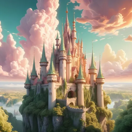 Prompt: A fairytale castle, majestic spires reaching towards the sky, adorned with intricate details, lush green surroundings, magical atmosphere, pastel color palette at sunset, soft golden light illuminating the scene, whimsical clouds floating in the background, enchanting and serene ambiance, fairy-tale enchantment, ultra-detailed, HD quality.