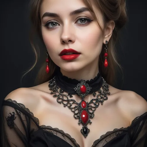 Prompt: a woman with a necklace and earrings on her neck and a red lip and a black dress on her chest, Elina Karimova, gothic art, portrait photography, a character portrait