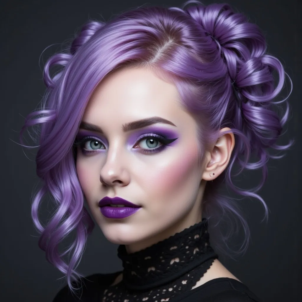 Prompt: a woman with purple makeup and purple hair , Eve Ryder, gothic art, purple, a character portrait