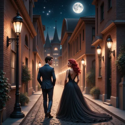 Prompt: Beneath a luminous full moon, a romantic scene unfolds in a cobblestone alleyway illuminated by vintage street lamps, casting a warm, golden glow over the surroundings. A couple stands close together, their backs facing the viewer; the man, dressed in a sharp blue suit, exudes sophistication, while the woman, adorned in an elegant black gown with a revealing back and cascading red curls, radiates a captivating charm. The evening air is thick with intimacy and allure, enhanced by the mist that gently drifts along the pathway, softening the edges of the elegant brick buildings lining the street. The artful composition focuses on their connection, evoking a sense of mystery and romance against the tranquil backdrop of a starry night. This enchanting moment captures the essence of a timeless love story, poised between elegance and yearning.