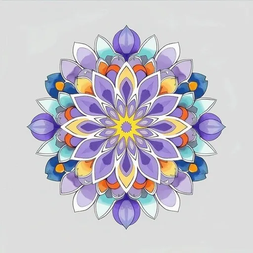 Prompt: This is a digital illustration of a vibrant, symmetrical mandala set against a plain, light gray background. The mandala is circular and features an intricate pattern of overlapping, teardrop-shaped petals. The petals are predominantly purple, with varying shades from light lavender to deep violet, interspersed with accents of turquoise, orange, and white. The central part of the mandala is a detailed, radial design with a yellow and purple flower-like core surrounded by a white, petal-like pattern. Each petal has a smooth, glossy texture, and the edges are outlined in white, giving the design a clean, crisp look. The overall style is reminiscent of modern, digital mandala art, characterized by its bold colors and symmetrical, repetitive patterns. The composition is balanced and harmonious, with each petal carefully placed to create a sense of rhythm and flow. The use of color and shape creates a visually appealing and soothing effect, typical of mandala art.