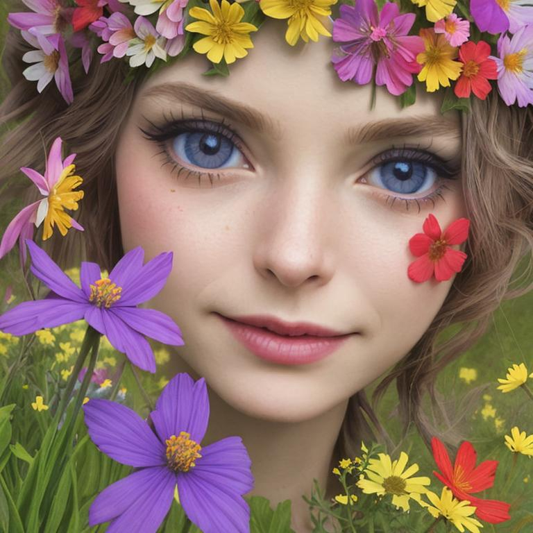 Prompt: a fairy of spring, ,wildflowers, vivid colors,  facial closeup