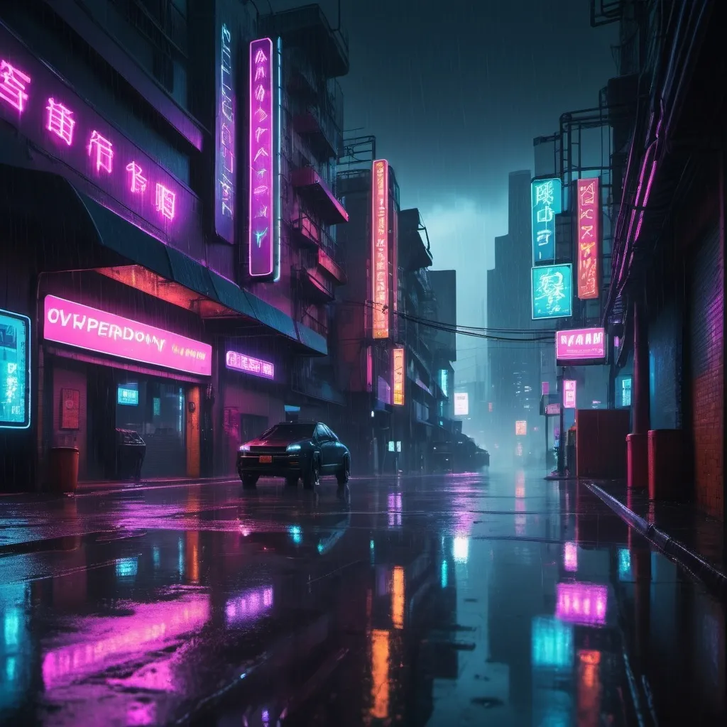 Prompt: Rainy cityscape with neon lights, cyberpunk, futuristic buildings, reflections on wet pavement, detailed drops of rain, moody atmosphere, high quality, cyberpunk, futuristic, rainy, neon lights, detailed raindrops, urban, atmospheric lighting