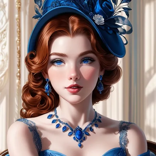 Prompt: Beautiful woman with blue eyes & Auburn hair, blue jewelry, intricate oval face, elegant & elaborate blue formal dress with velvet and lace detailing, blue milliner's hat, fair skin, upturned nose, full bosomy figure, blue high heels, sitting for a portrait, 8k, realistic, elegant, detailed, formal attire, intricate jewelry, portrait sitting, blue color scheme, fair complexion, exquisite hair, high-quality lighting