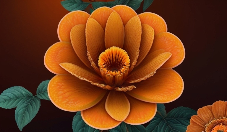 Prompt: (Beautiful orange flower), brown center, vibrant colors, high contrast, lush petals, detailed textures, botanical illustration, vibrant oranges and rich browns, sunny and uplifting mood, nature background with green foliage, soft sunlight, ultra-detailed, 4K quality, high depth cinematic, ultra-realistic illustration.