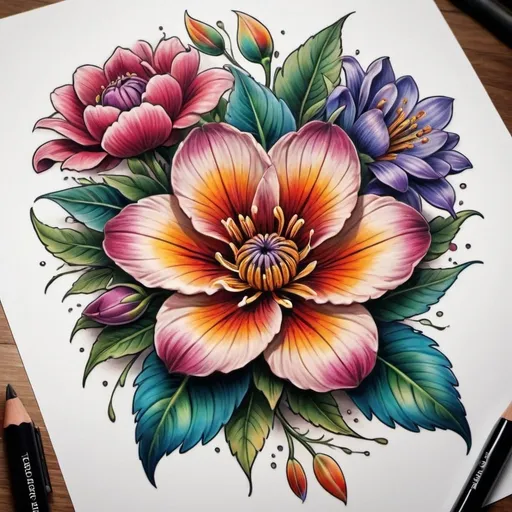 Prompt: Colorful flower tattoo, realistic style, vibrant colors, detailed petals and leaves, high quality, professional, intricate design, floral pattern, vibrant hues, detailed shading, artistic, realistic lighting, precise linework, botanical art, artistic, high resolution, beautiful composition, rich and vibrant tones