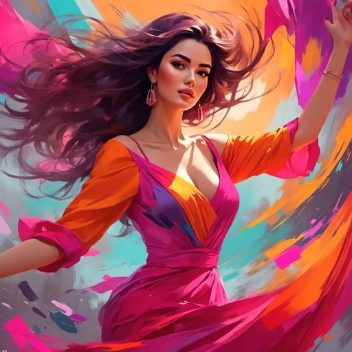 Prompt: <mymodel>Spunky, vibrant color palette, energetic atmosphere, dynamic composition, high quality, digital painting, lively character, animated, active pose, bold and lively, energetic, vibrant colors, dynamic lighting, playful expression, best quality, dynamic, digital art, vibrant tones, active, energetic lighting