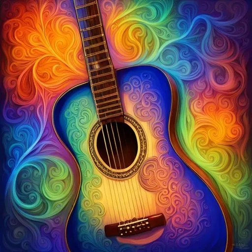 Prompt: Detailed fantasy illustration of an acoustic guitar, intricate wood carvings, enchanting forest setting, mystical glowing vines, magical aura, high quality, fantasy art, detailed woodwork, ethereal lighting, enchanting color palette