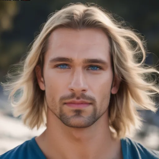 Prompt: 30 year old, rugged, caucasian. shoulder length blonde hair, blue eyes. facial closeup