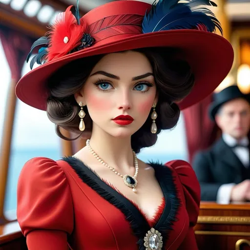 Prompt: fashionable 1st class  female passenger on the Titanic, pale skin, dark styled hair, large lips,  looking sad, facial closeup, vibrant colors, red dress and elaborate hat with feathers
