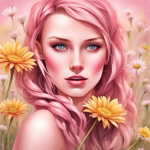 Prompt: Girl in colors of pink,  daisies, wildflowers