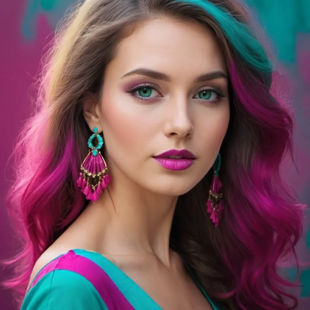 Prompt: A beautiful woman in colors of turquoise and magenta