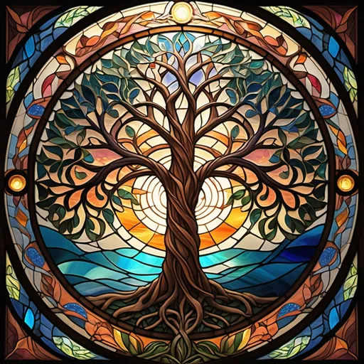 Prompt: Tree of Life, stained glass effect, mosaic, vibrant colorful, high quality, detailed, intricate, fantasy, art nouveau, radiant lighting, warm tones, intricate details, spiritual, large scale