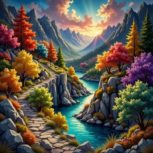 Prompt: This is a digital painting in a vibrant, fantasy style depicting a breathtaking, colorful mountain landscape at sunset. The scene is dominated by a winding river that flows through a narrow, rocky valley, with steep, jagged mountains on either side. The river is a vivid turquoise, reflecting the colorful sky above. The sky is a dramatic blend of warm oranges, pinks, and purples, with rays of sunlight breaking through the clouds, creating a radiant, almost magical effect.
The mountains are adorned with a variety of trees, each displaying different autumnal colors including red, orange, yellow, green, and purple. The trees have lush, textured foliage that adds depth and richness to the scene. On the left side of the image, a stone path curves along the riverbank, bordered by rocks and small plants. The path is slightly winding, adding a sense of adventure to the scene.
The overall composition is dynamic, with the bright colors and radiant light drawing the viewer's eye down the river valley and into the distance. The textures of the rocks, trees, and water are highly detailed, enhancing the realism within the fantastical setting. The image evokes a sense of wonder and tranquility, with a touch of magical realism.