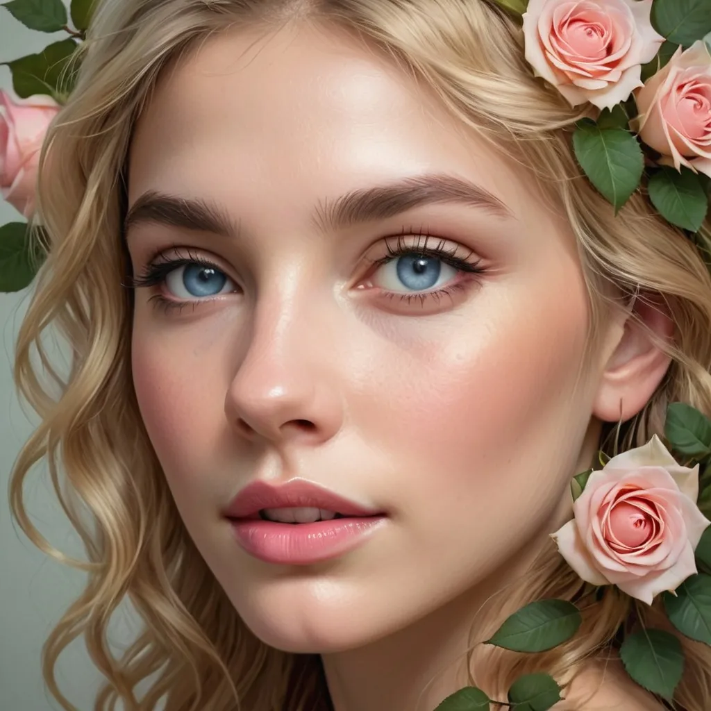 Prompt: A delicate portrait captures a young woman with cascading wavy blonde hair, adorned with soft pink roses and lush green leaves framing her face. Her striking blue eyes are wide and expressive, drawing attention to her youthful features, which are highlighted by a fresh, rosy complexion and glossy lips. The soft lighting enhances the ethereal quality of the image, creating a serene and enchanting atmosphere. The overall composition focuses on her face, immersing the viewer in a scene that feels both intimate and dreamlike, evoking a sense of beauty and freshness. The vivid colors and gentle details convey a narrative of innocence and floral beauty.