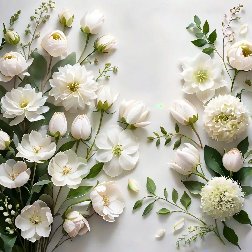 Prompt: (white on white flowers), delicate blooms, intricate petal details, soft textures, ethereal ambiance, muted color tones, serene and tranquil atmosphere, gentle shadows, lush greenery subtly blended, dreamy and airy background, minimalistic composition, high definition, ultra-detailed, peaceful floral arrangement.