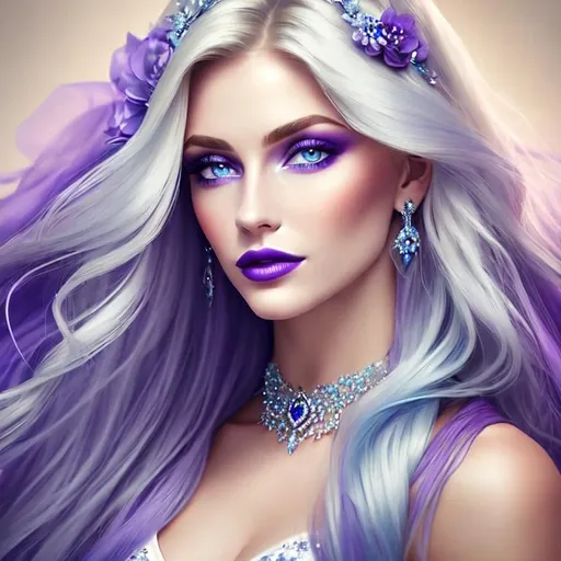 Prompt: <mymodel>Beautiful ethereal woman, long blonde hair,and icy blue eyes color, purple lipstick, facial closeup