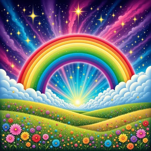 Prompt: a rainbow in the sky with stars and flowers around it and a field of grass and flowers below it, Andries Stock, magical realism, mystical colors, a storybook illustration