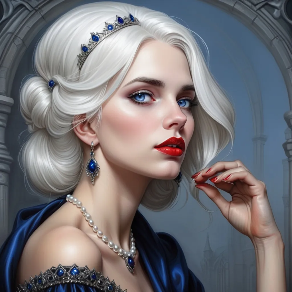 Prompt: a woman with  white hair, blue eyes, a tiara and pearls on her head and a red lip and a blue dress with a red and white collar, Anne Stokes, gothic art, highly detailed digital painting, a detailed painting