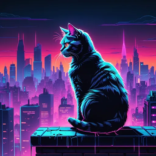 Prompt: a cat sitting on a ledge in front of a city skyline at night with neon lights and glowing eyes, Dan Mumford, retrofuturism, synthwave style, cyberpunk art