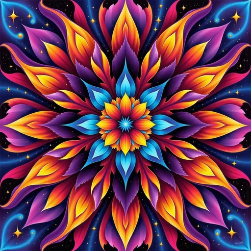 Prompt: a colorful flower with many stars in the background and a black background with a blue and yellow flower in the center, Amanda Sage, space art, fractals, an airbrush painting