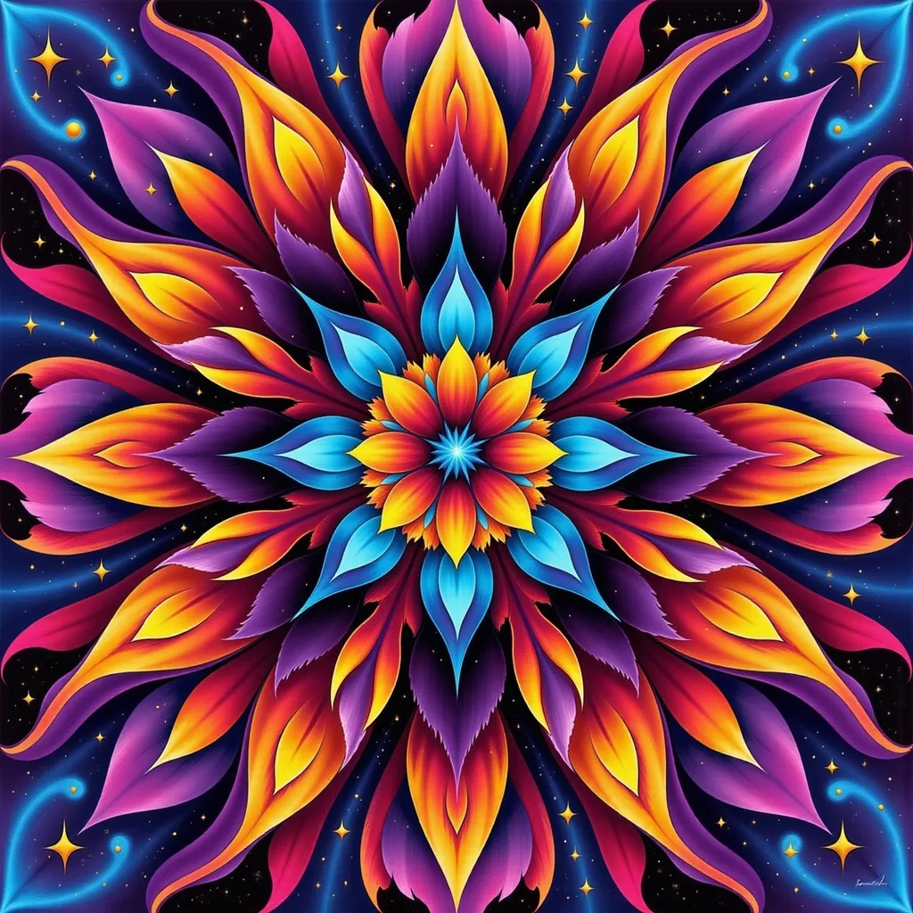 Prompt: a colorful flower with many stars in the background and a black background with a blue and yellow flower in the center, Amanda Sage, space art, fractals, an airbrush painting