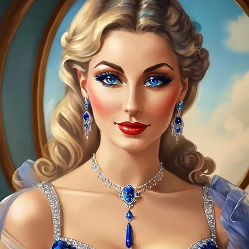 Prompt: Glamorously dressed lady of rhe 1930's wearing sapphire jewelry,blue eyes