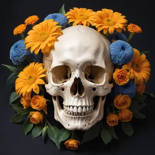 Prompt: A human skull surrounded by orange, yellow and blue flowers