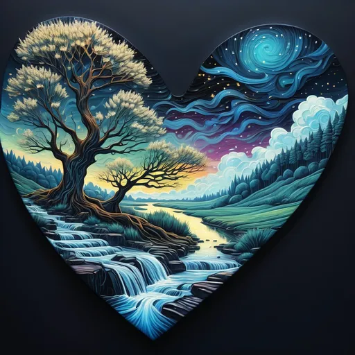 Prompt: a painting of a tree with a stream running through it and a sky filled with stars and clouds above it, Van Gogh sky, Dan Mumford, psychedelic art, intricate oil painting, a detailed painting