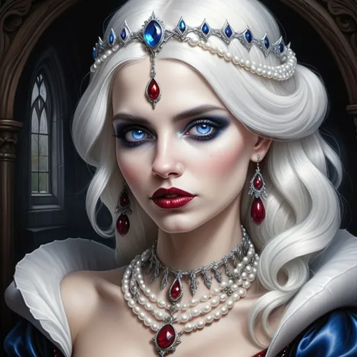 Prompt: a woman with blue eyes and snow white hairaadorned with pearls and a necklace of rubies on her neck . Anne Stokes, gothic art, highly detailed digital painting, a photorealistic painting