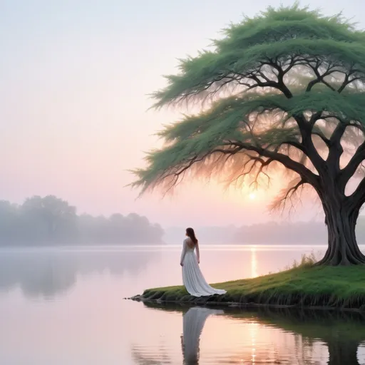 Prompt: Bathed in the soft glow of a pastel-hued sunset, a serene woman in a flowing white gown stands at the edge of a tranquil lake, her back turned towards the viewer as she gazes into the horizon. The scene is framed by a majestic tree with sprawling branches and lush green leaves, accentuating the stillness and beauty of the moment. The calm water mirrors both the delicate colors of the sky and the gentle silhouette of the figure, creating a harmonious reflection that enhances the overall serenity. The gentle breeze hinted at by the light movement of the grass adds a touch of life to the ethereal atmosphere, evoking feelings of peace and introspection in this dreamlike landscape.