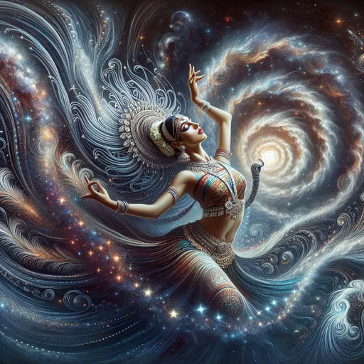 Prompt: a stunning depiction of a dancer whose flowing movements create beautiful, swirling galaxies. The dancer's form and dress are painted with stars and cosmic dust, illustrating the harmony between human expression and the universe. Light background