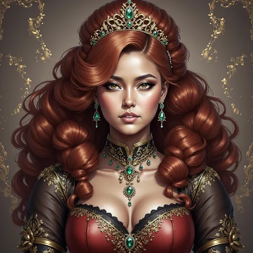 Prompt: a painting of a woman with red hair wearing a tiara and a necklace with emeralds on it, Charlie Bowater, gothic art, cgstudio, a character portrait