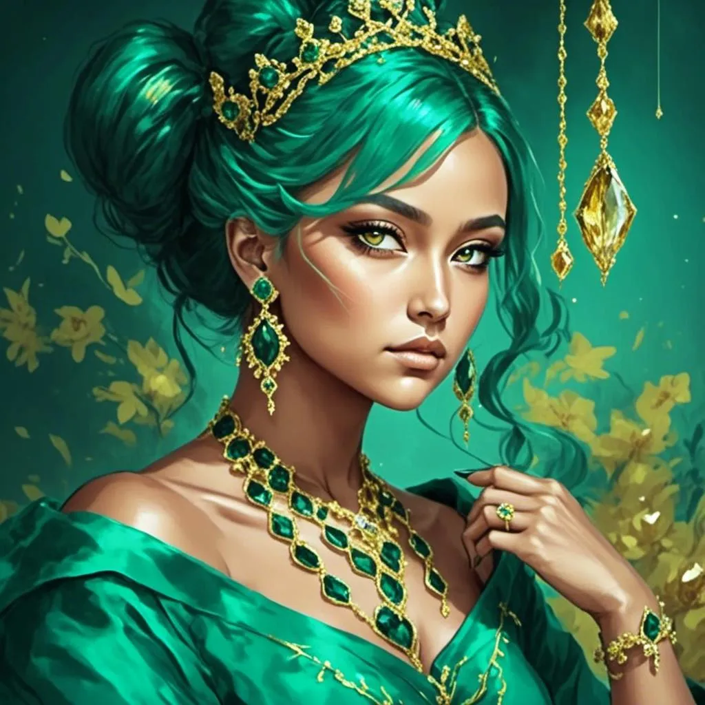 Prompt: <mymodel> An extremely gorgeous woman,  with emerald jewels, in color scheme of gold and emerald